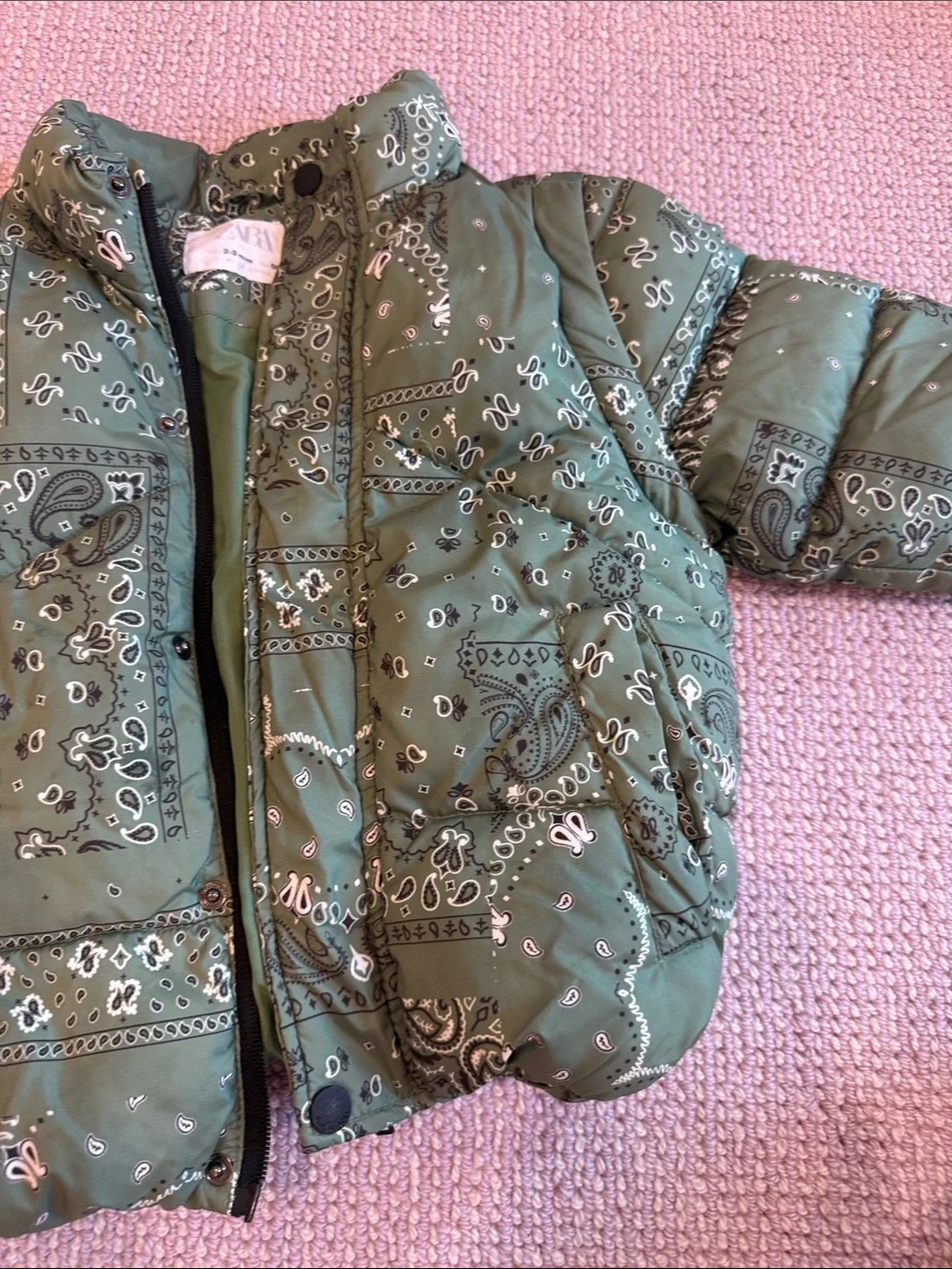 Zara Olive Green Bandana-Print Puffer Jacket